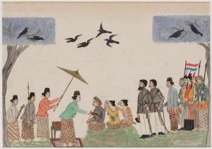 Lukisan yang menggambarkan saat Sunan Amangkurat II menghukum mati langsung Trunojoyo dengan menusukkan keris. (Leiden University Libraries)