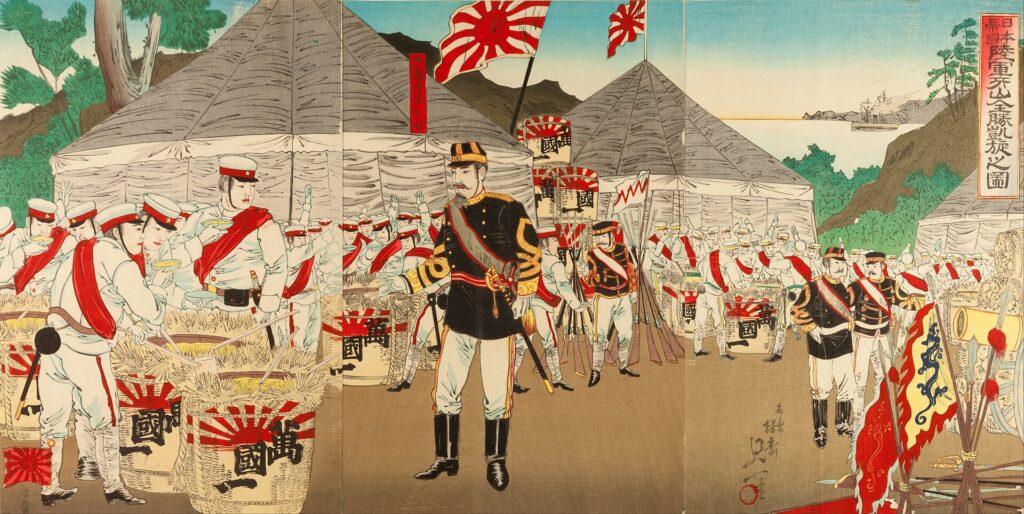 Foto reproduksi dari lukisan Nobukazu Watanabe yang menggambarkan pasukan Jepang saat Perang China-Jepang, 1894-1895. (Foto: Wikimedia Commons)