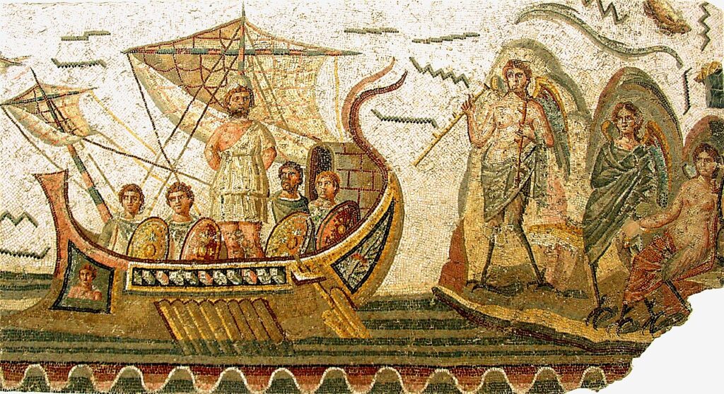 Mosaik dari abad ke-2 Masehi yang tersimpan di Museum Bardo, Tunis, Tunisia, yang menggambarkan Odysseus dan pasukannya melintasi perairan yang dihuni kaum Sirens, peri-peri penggoda pelaut. (Foto: By Giorcesderivative work: Habib M'henni - File:GiorcesBardo54.jpg, Public Domain, https://commons.wikimedia.org)
