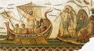 Mosaik dari abad ke-2 Masehi yang tersimpan di Museum Bardo, Tunis, Tunisia, yang menggambarkan Odysseus dan pasukannya melintasi perairan yang dihuni kaum Sirens, peri-peri penggoda pelaut. (Foto: By Giorcesderivative work: Habib M'henni - File:GiorcesBardo54.jpg, Public Domain, https://commons.wikimedia.org)